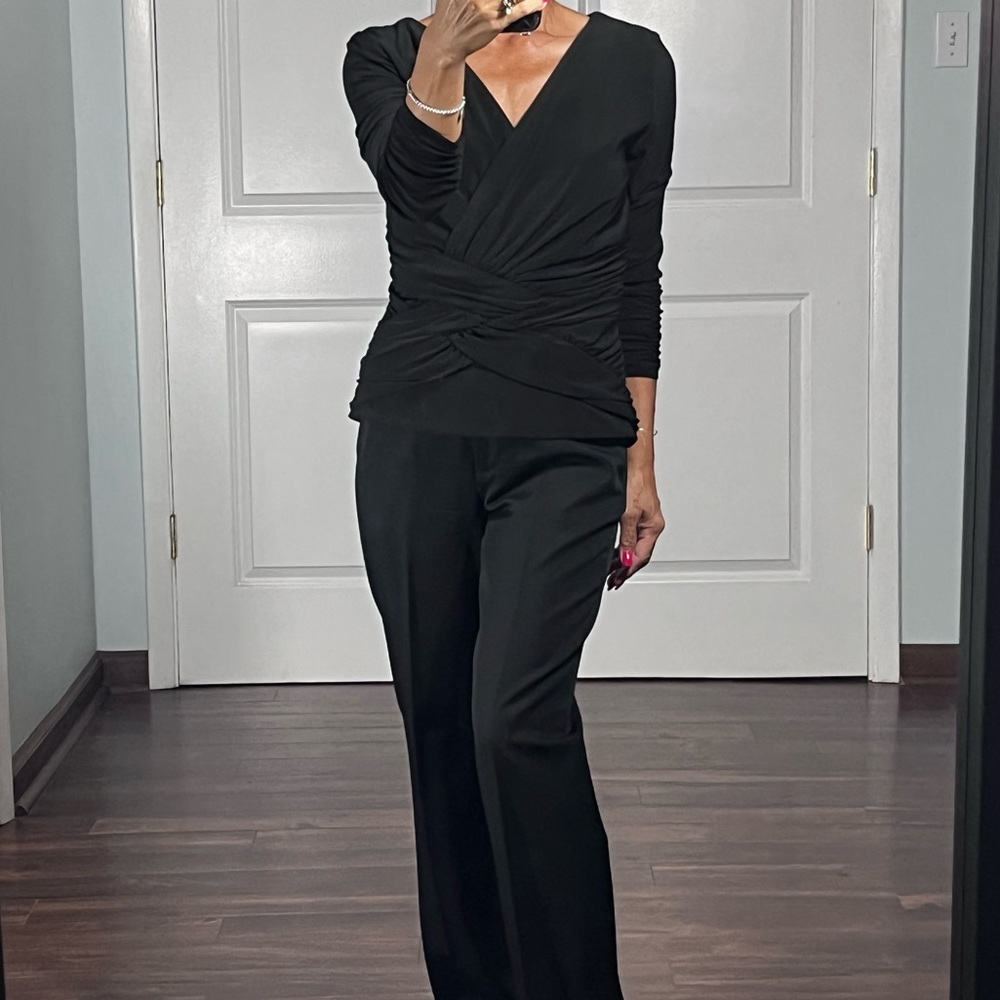 Joseph Ribkoff Black Ruched faux wrap blouse top size 6